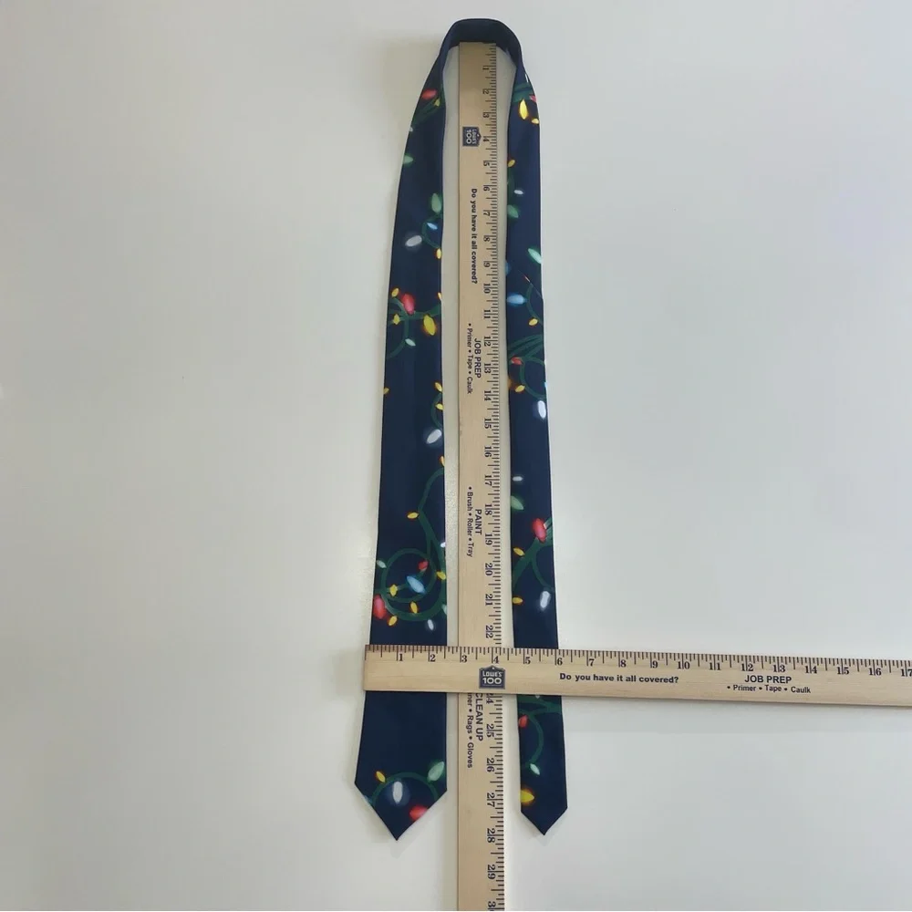 Festive Thin Navy Tie with Holiday Lights Christmas Novelty Party White Elephant